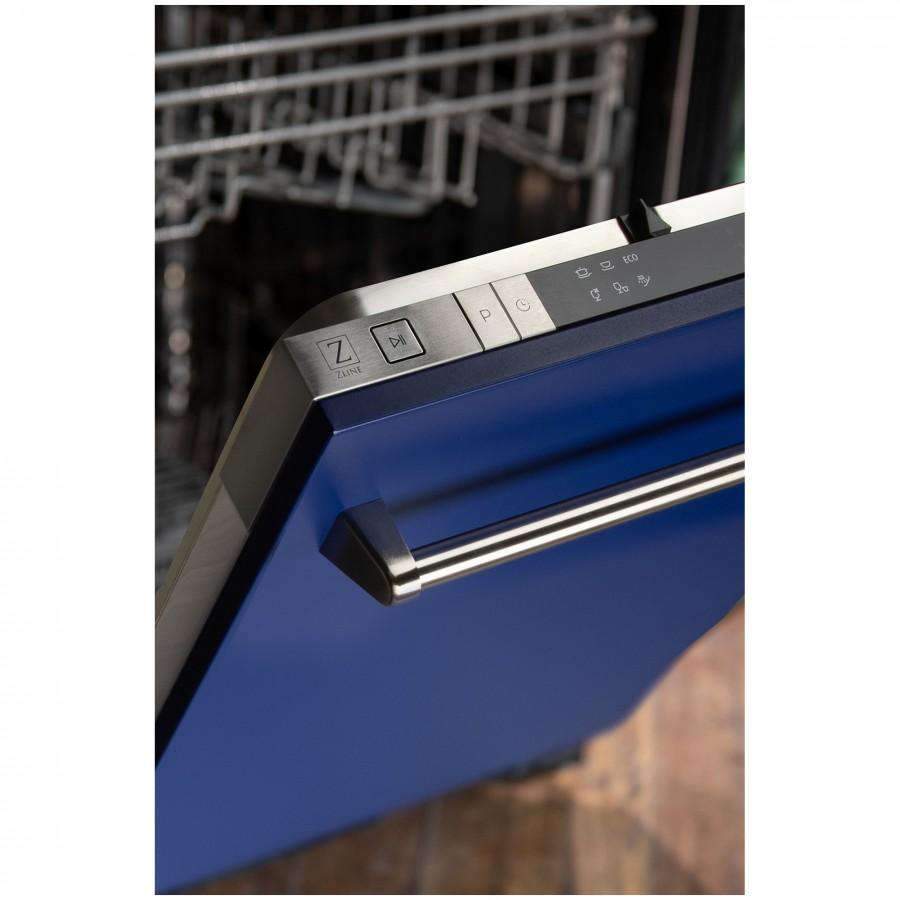 Dishwasher control panel area with blue front panel and stainless trim handle
