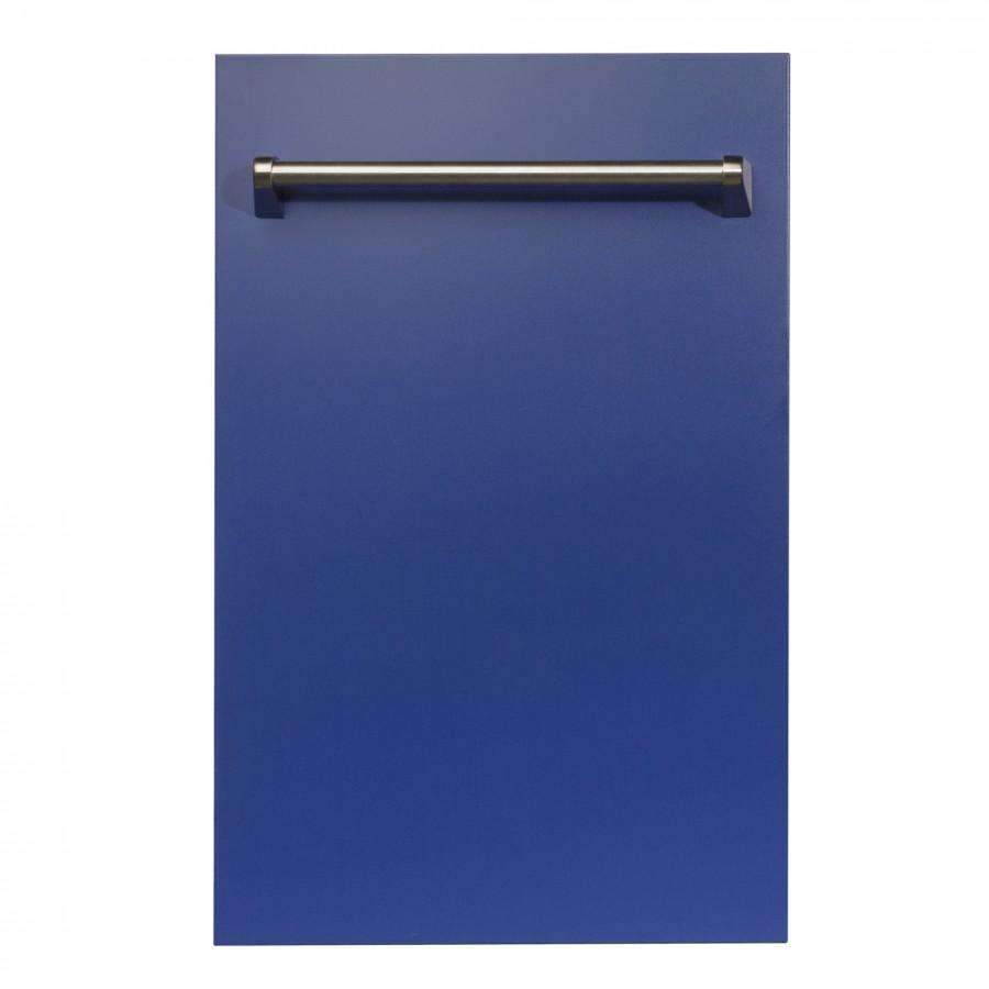 Blue matte dishwasher front panel with stainless steel handle bar