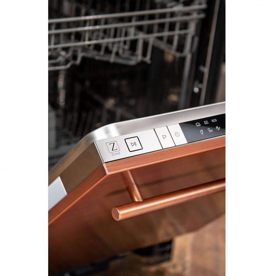 Dishwasher open-door controls with modern copper handle and trim