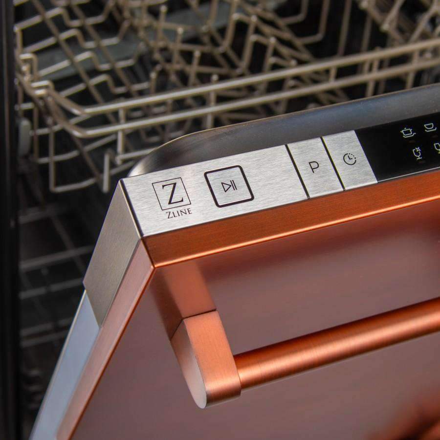 Copper-toned traditional dishwasher handle with ZLINE control icons