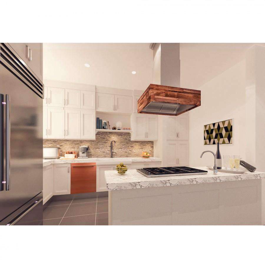 Built-in dishwasher with copper door panel and stainless exterior in kitchen