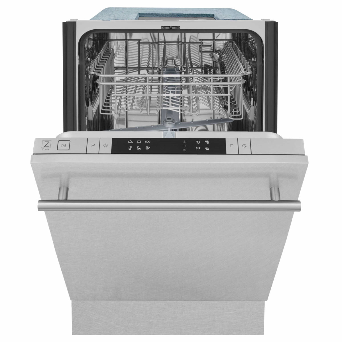 Stainless steel dishwasher with open door and front controls visible over racks