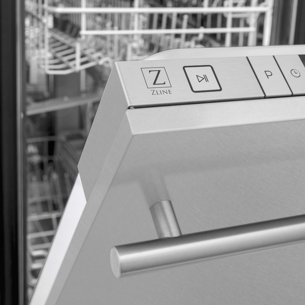 Dishwasher control panel close-up with ZLINE logo and icon buttons