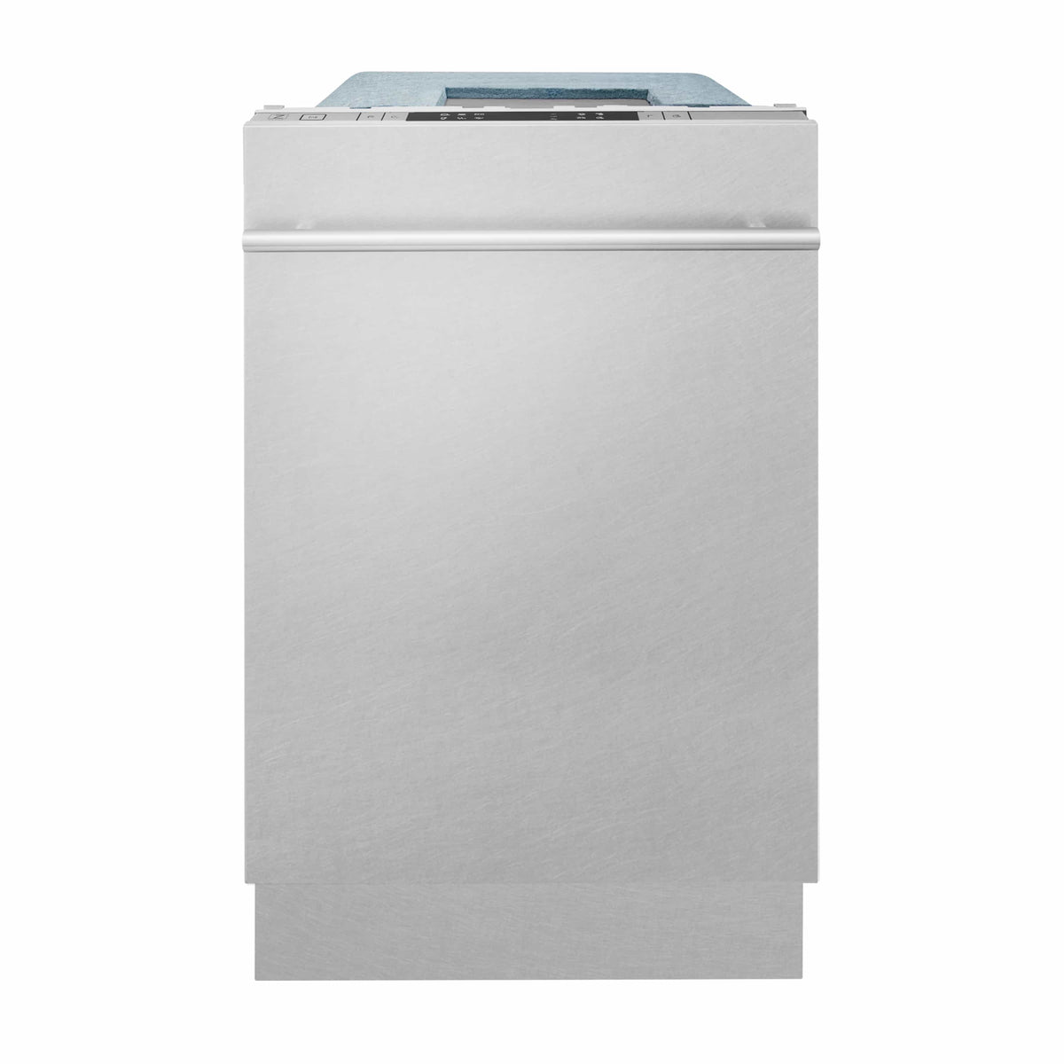 Satin stainless steel dishwasher with front panel and top control area