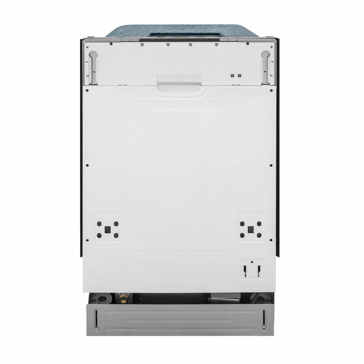 Underside view of stainless steel dishwasher with connection points