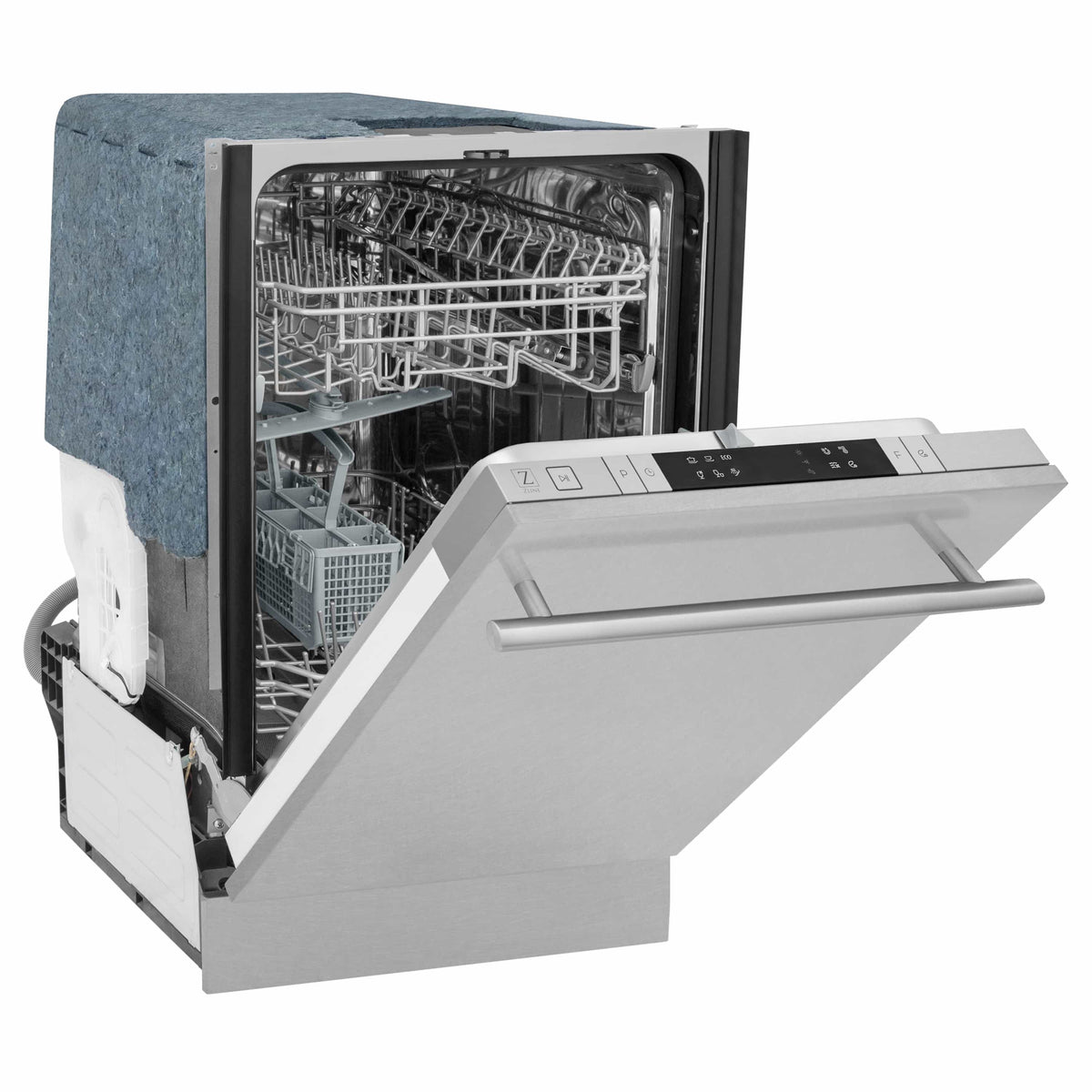 Stainless steel dishwasher with open door, front control panel on top