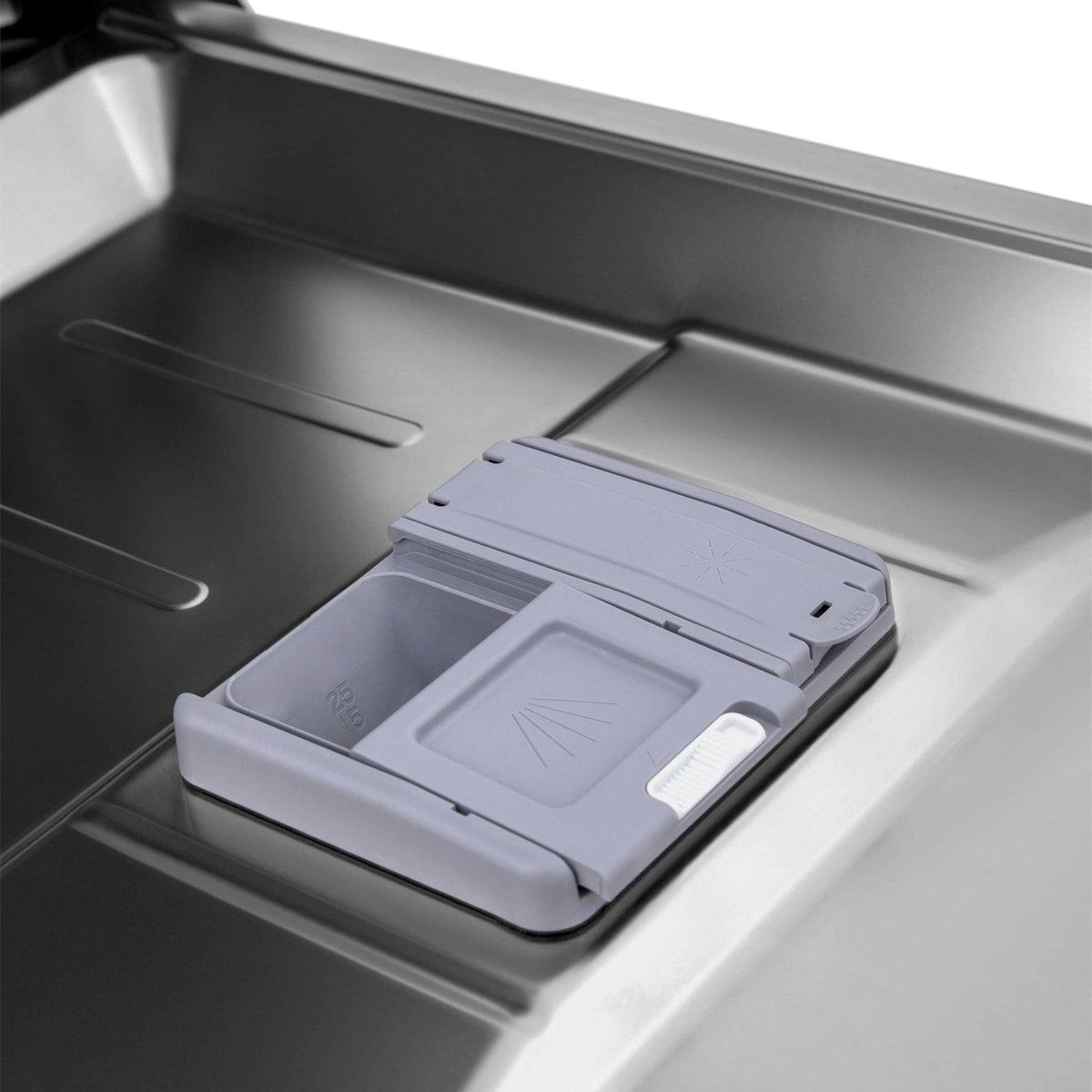 Dishwasher lower rack with foldable utensil basket in stainless tub