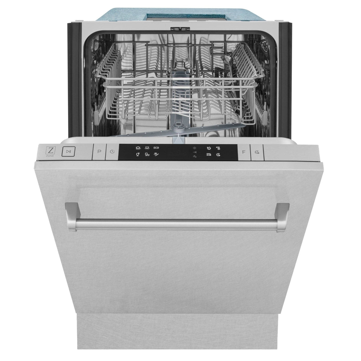 Front view of open dishwasher with racks inside stainless tub