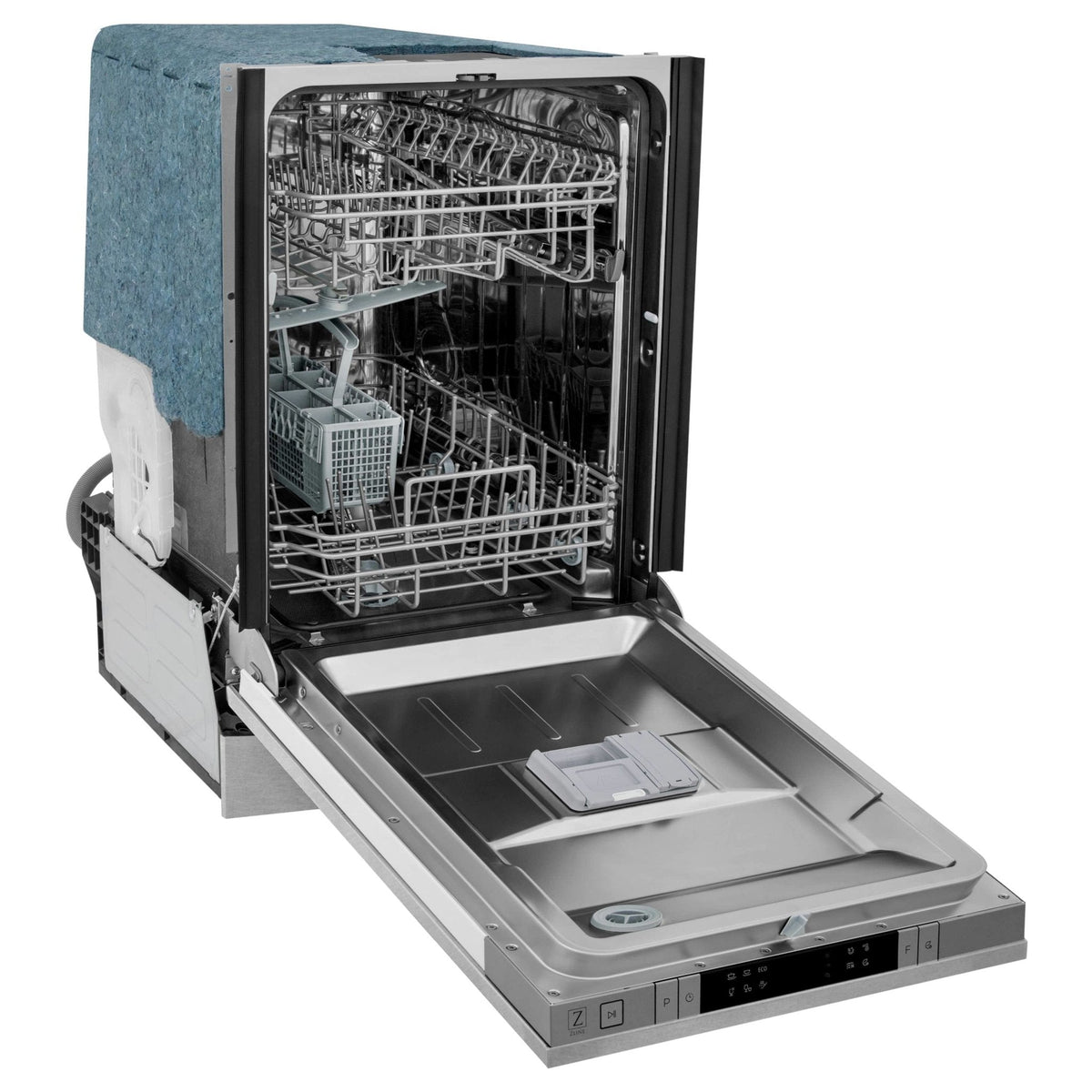 Dishwasher open with stainless steel tub and front wash area visible