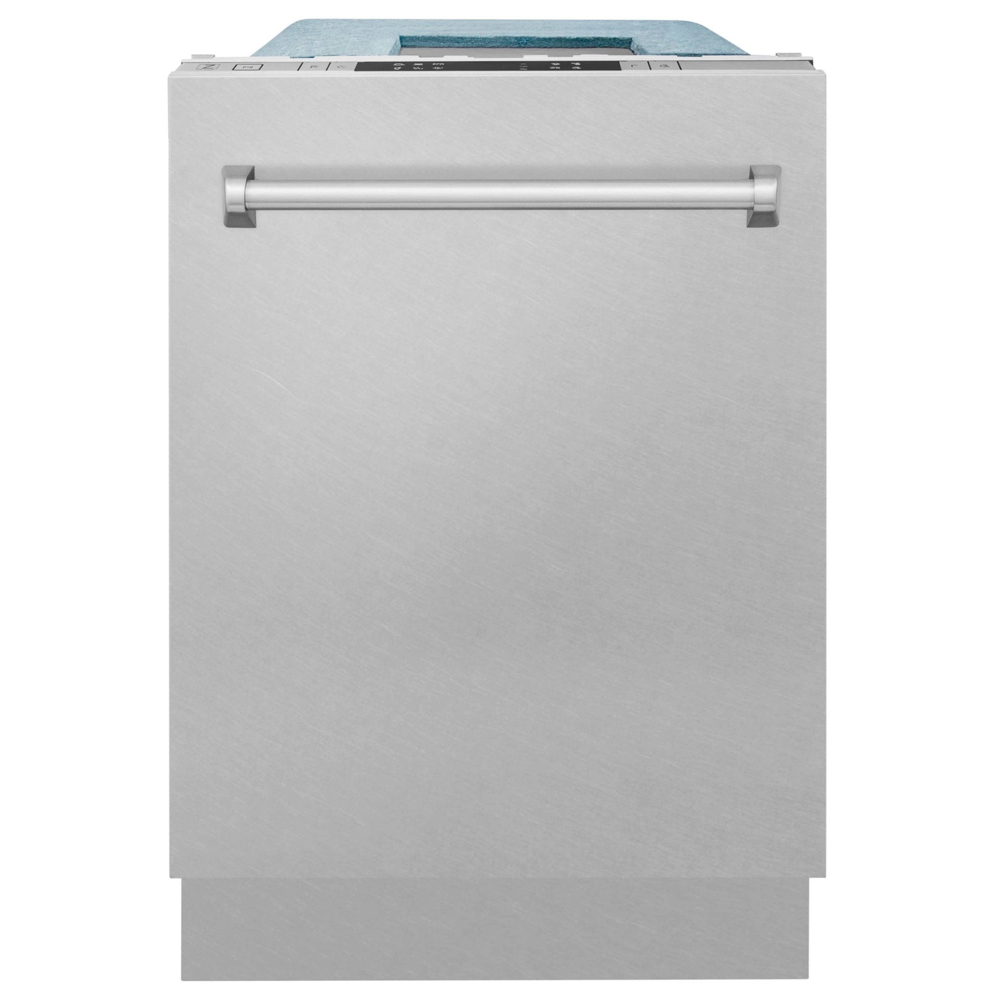 Satin stainless steel dishwasher front with traditional bar handle