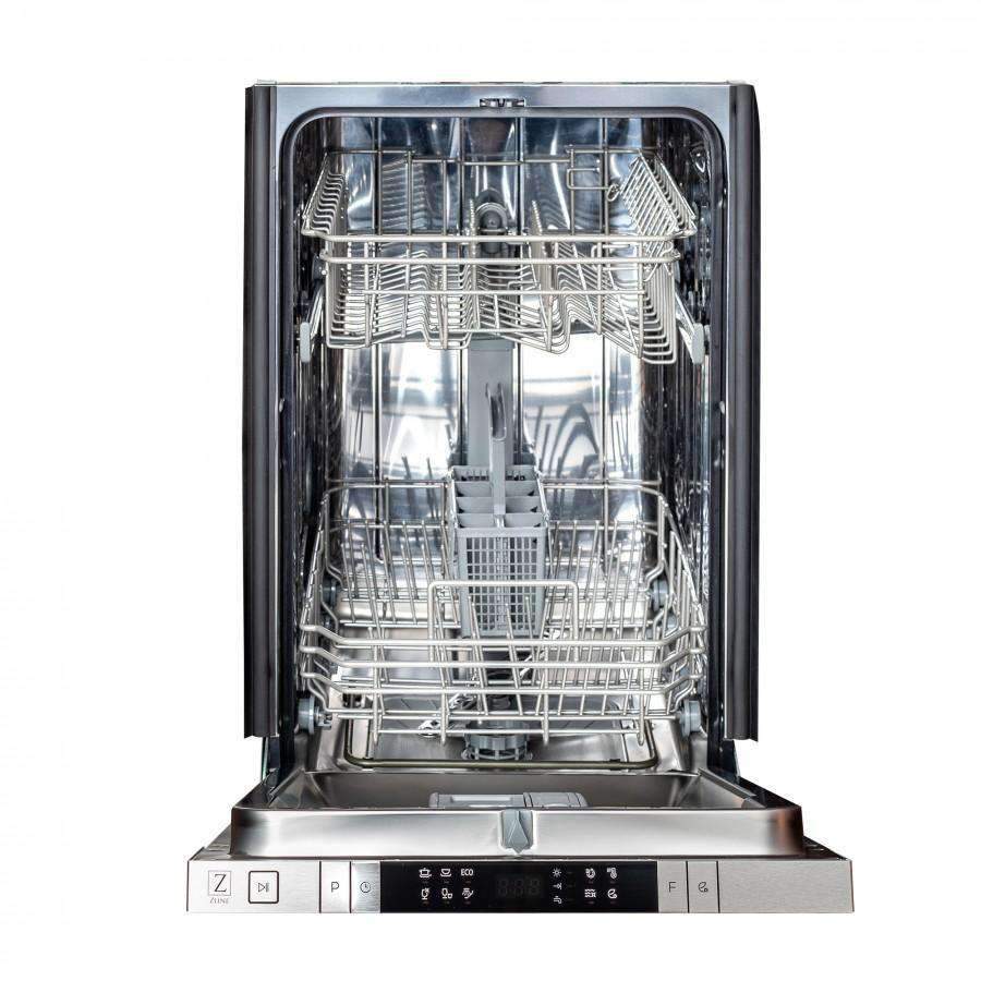 Dishwasher with open stainless rack system inside stainless tub