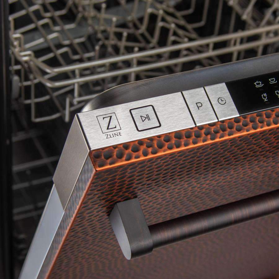 Dishwasher control panel with stainless buttons and hand-hammered copper trim