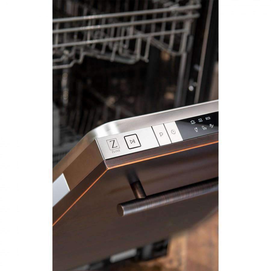 Dishwasher door handle and control buttons on oil-rubbed bronze front