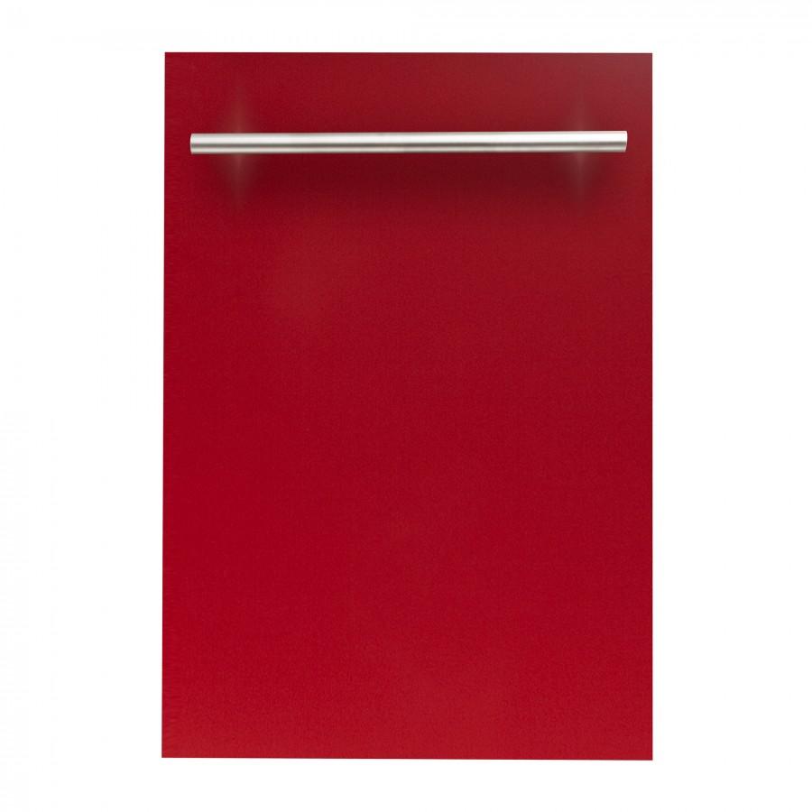 Red glossy dishwasher door with stainless steel bar handle