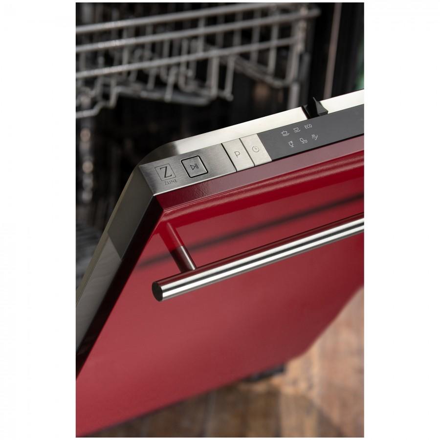 Red dishwasher door with stainless bar handle and control buttons