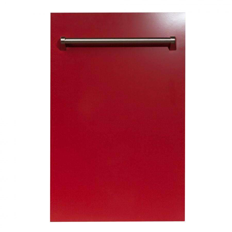 Red gloss dishwasher door with traditional stainless steel bar handle