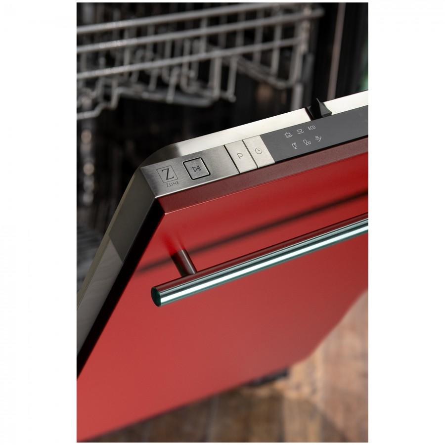 Red matte dishwasher door with stainless handle and built-in control button strip