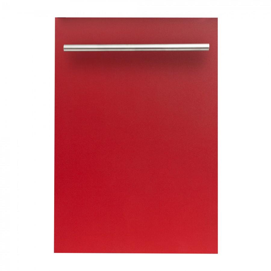 Red matte dishwasher door panel with a horizontal stainless handle bar