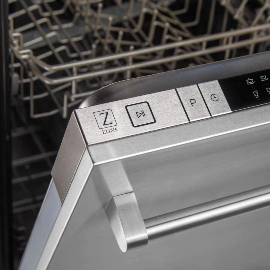Stainless steel dishwasher handle and front control buttons with ZLINE logo