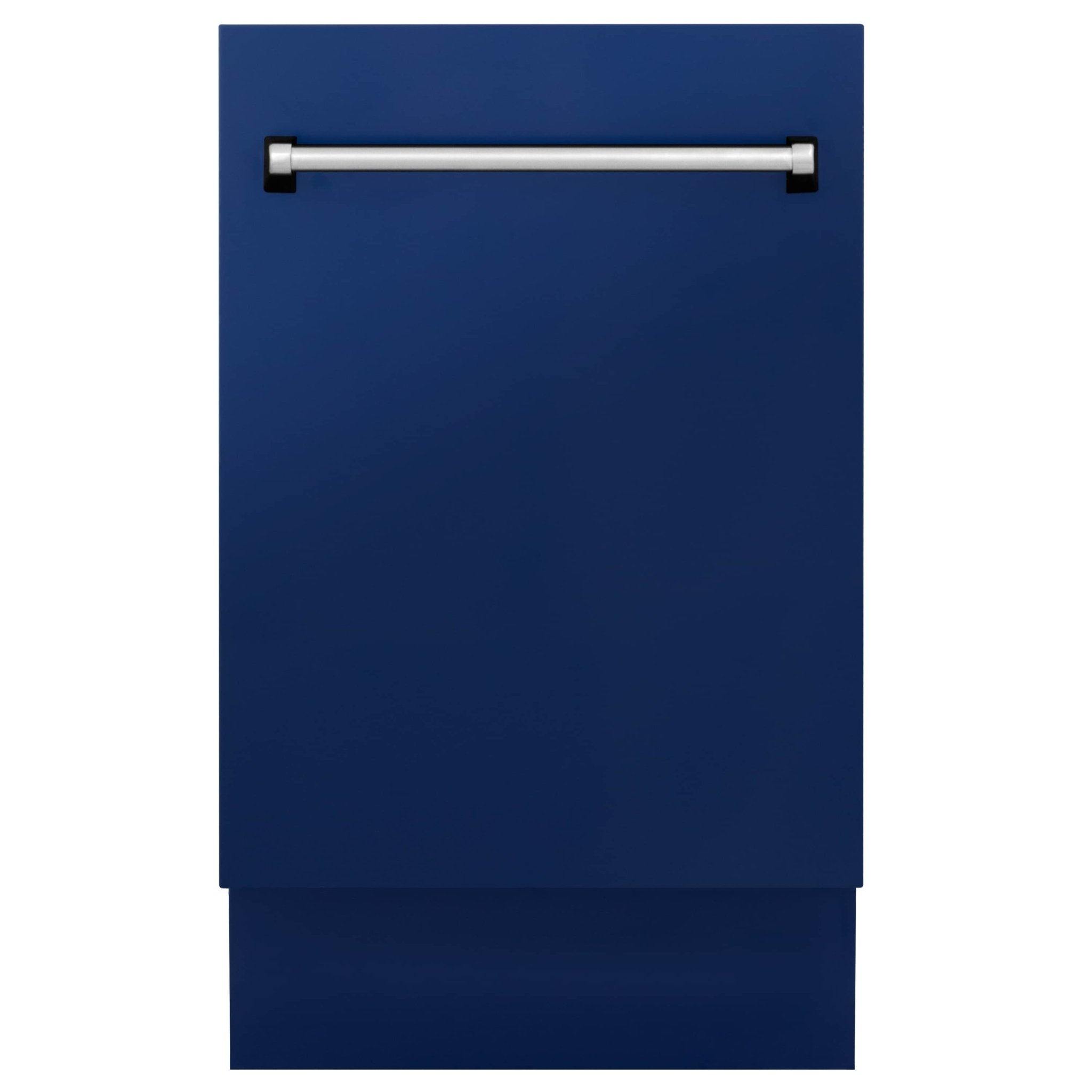 Blue dishwasher door panel with stainless handle bar.
