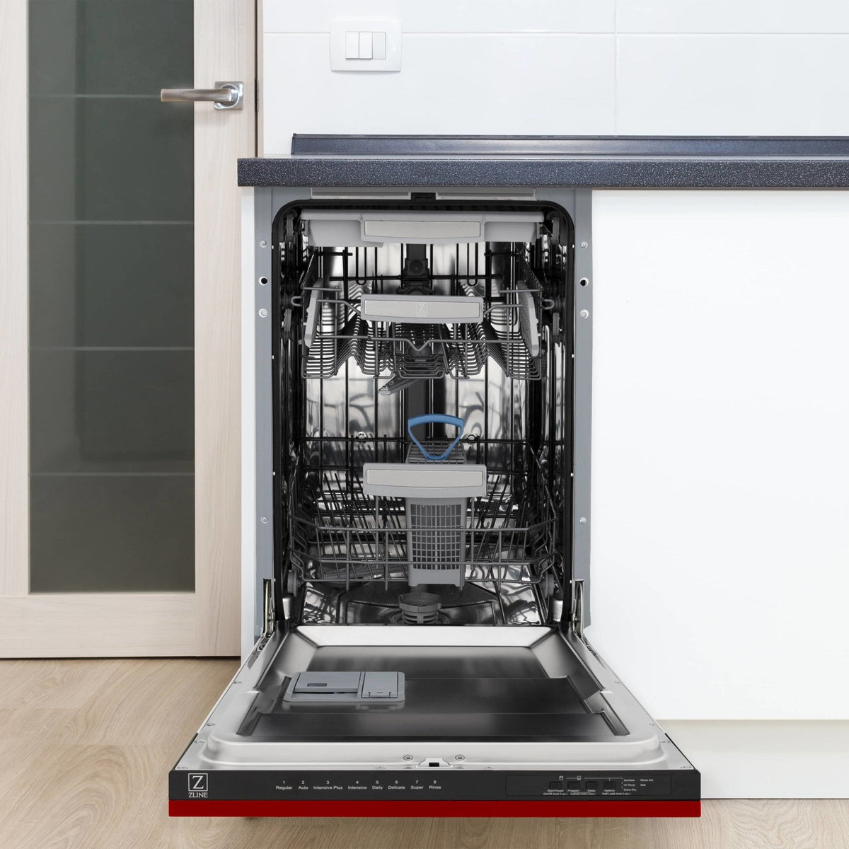 Open red dishwasher with stainless steel tub, racks, and visible door interior