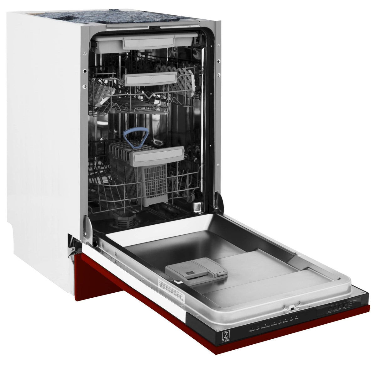 Red glossy dishwasher with stainless steel tub, open door and bottom rack