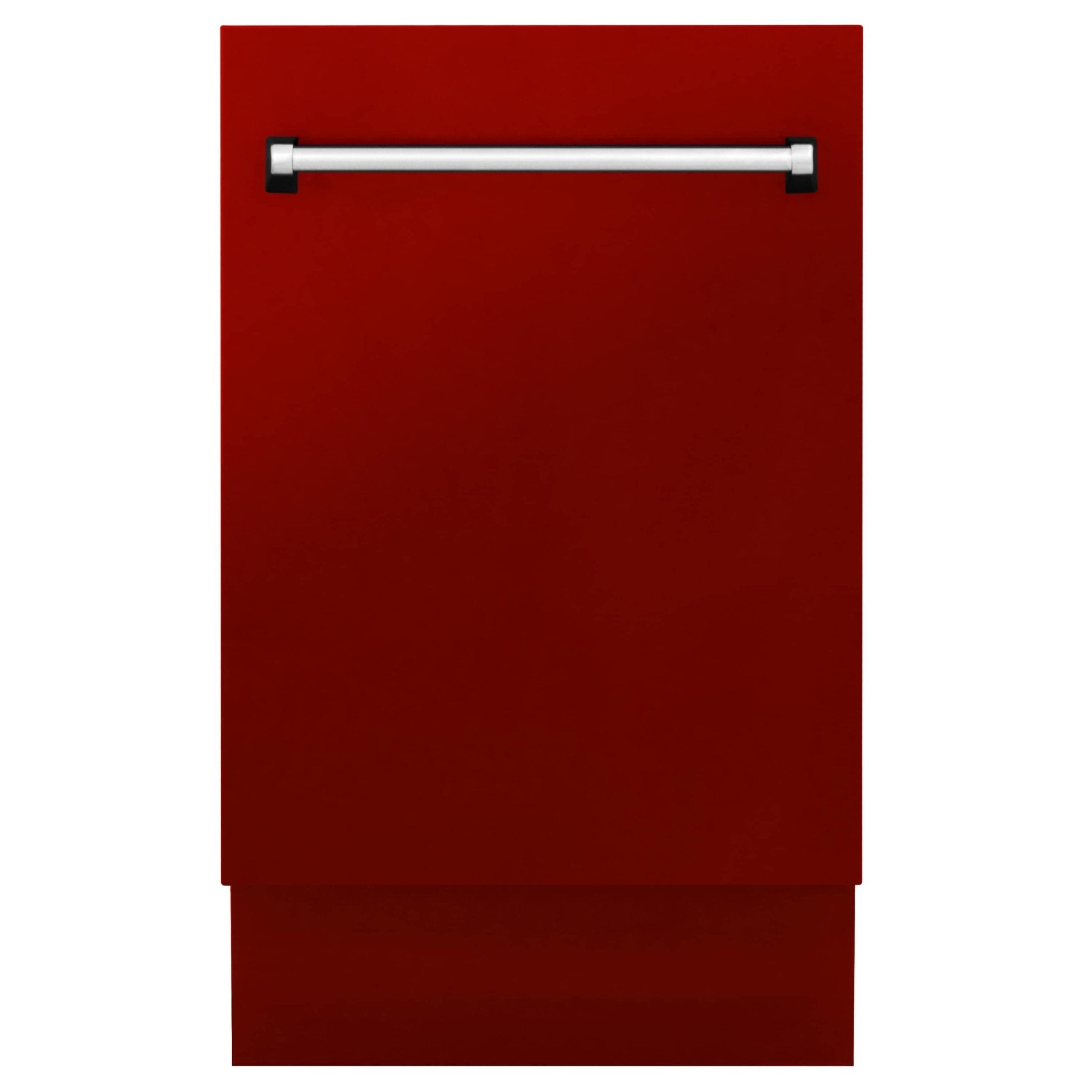 Red glossy front dishwasher panel with top handle and smooth flat door