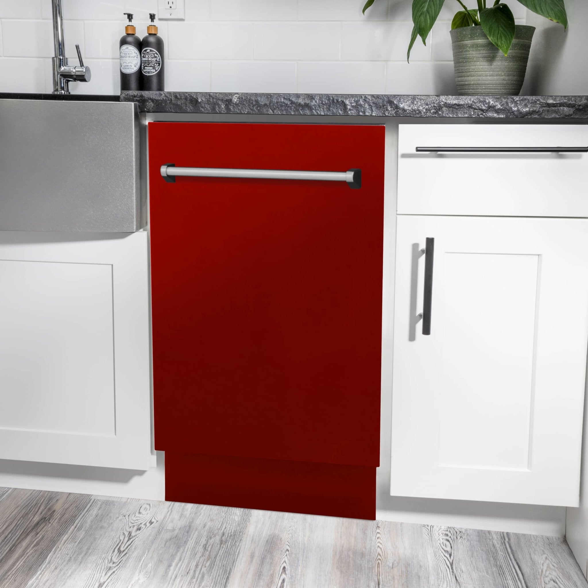 Red gloss built-in dishwasher with stainless steel handle