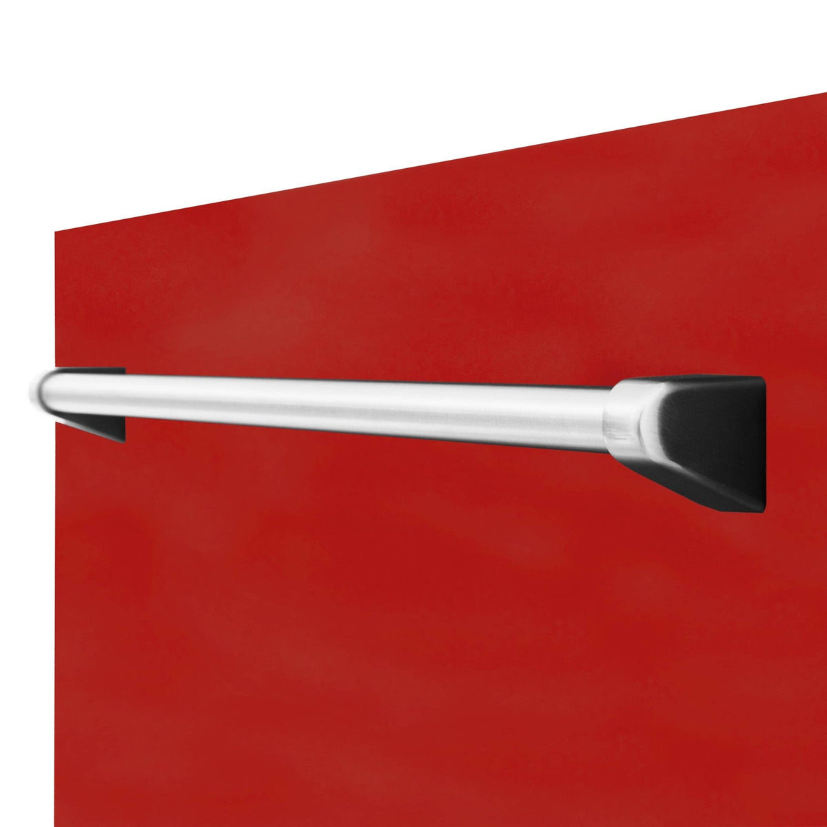 Stainless steel dishwasher handle on a red matte front panel