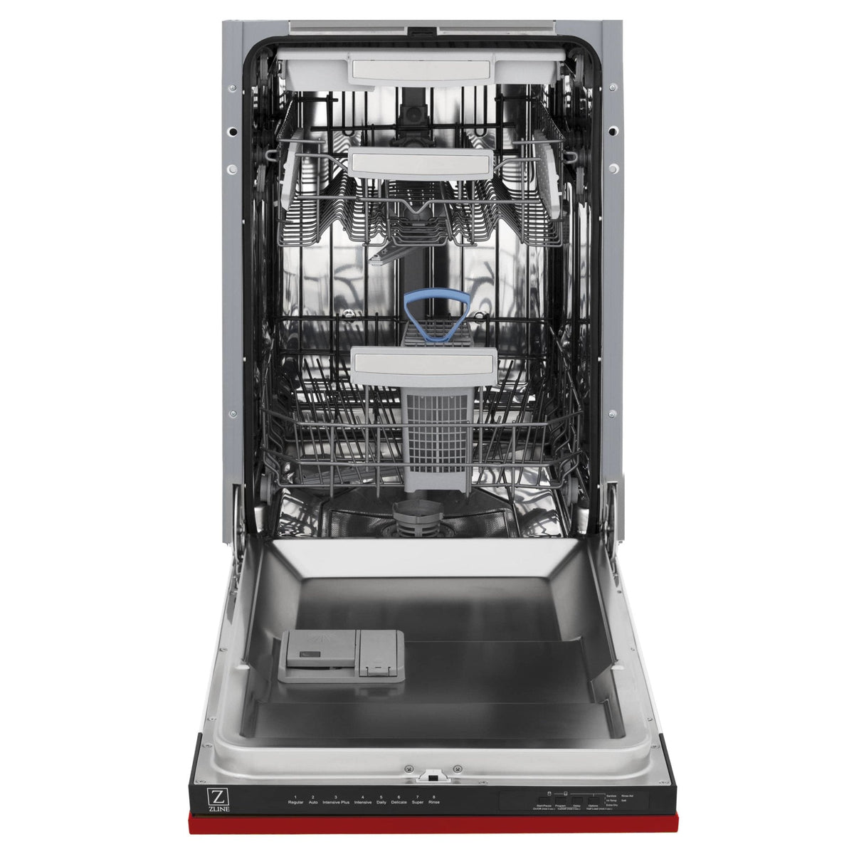 Front view of red matte dishwasher with open door and fully visible racks
