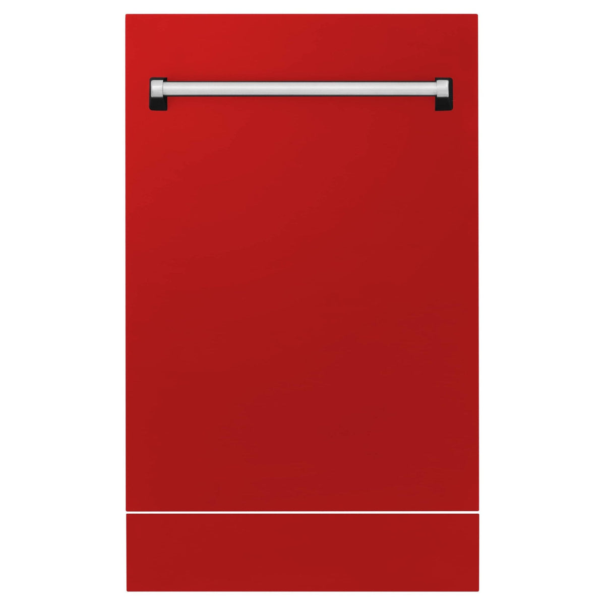 Red matte dishwasher front with stainless handle bar