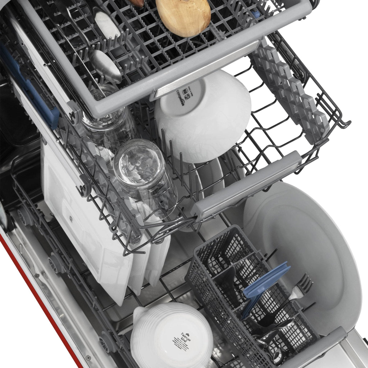 Dishwasher interior view with top rack, spray arms, and stemware holder