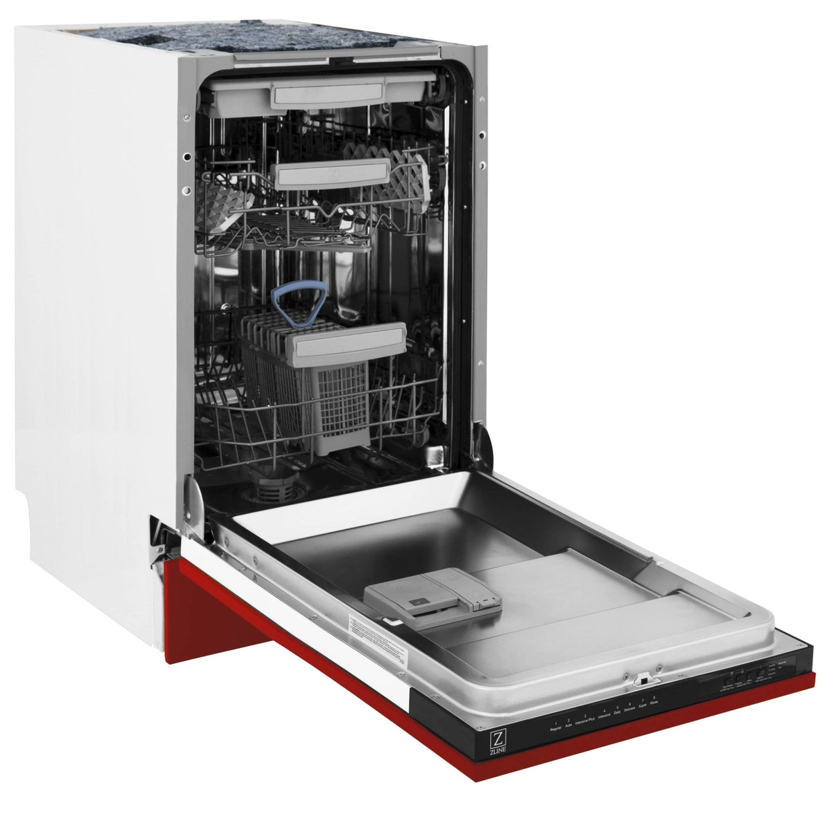 Dishwasher with open door showing stainless racks and red base panel