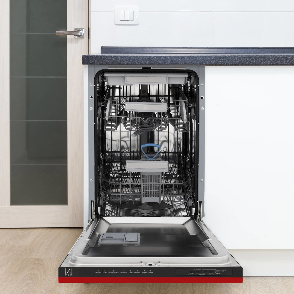 Red matte ZLINE dishwasher with open door, showing racks and stainless steel tub