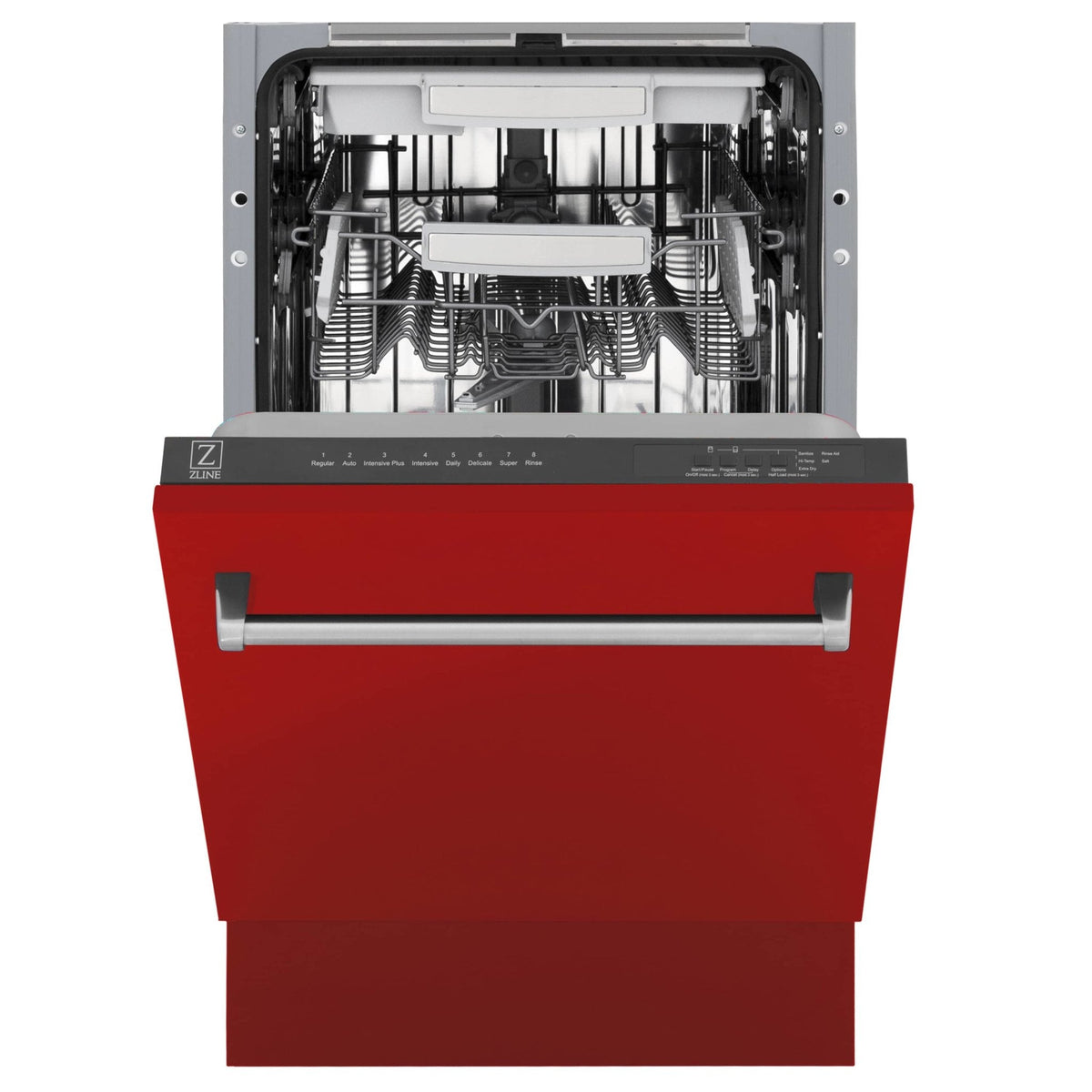Open dishwasher interior with racks and top control area on red door