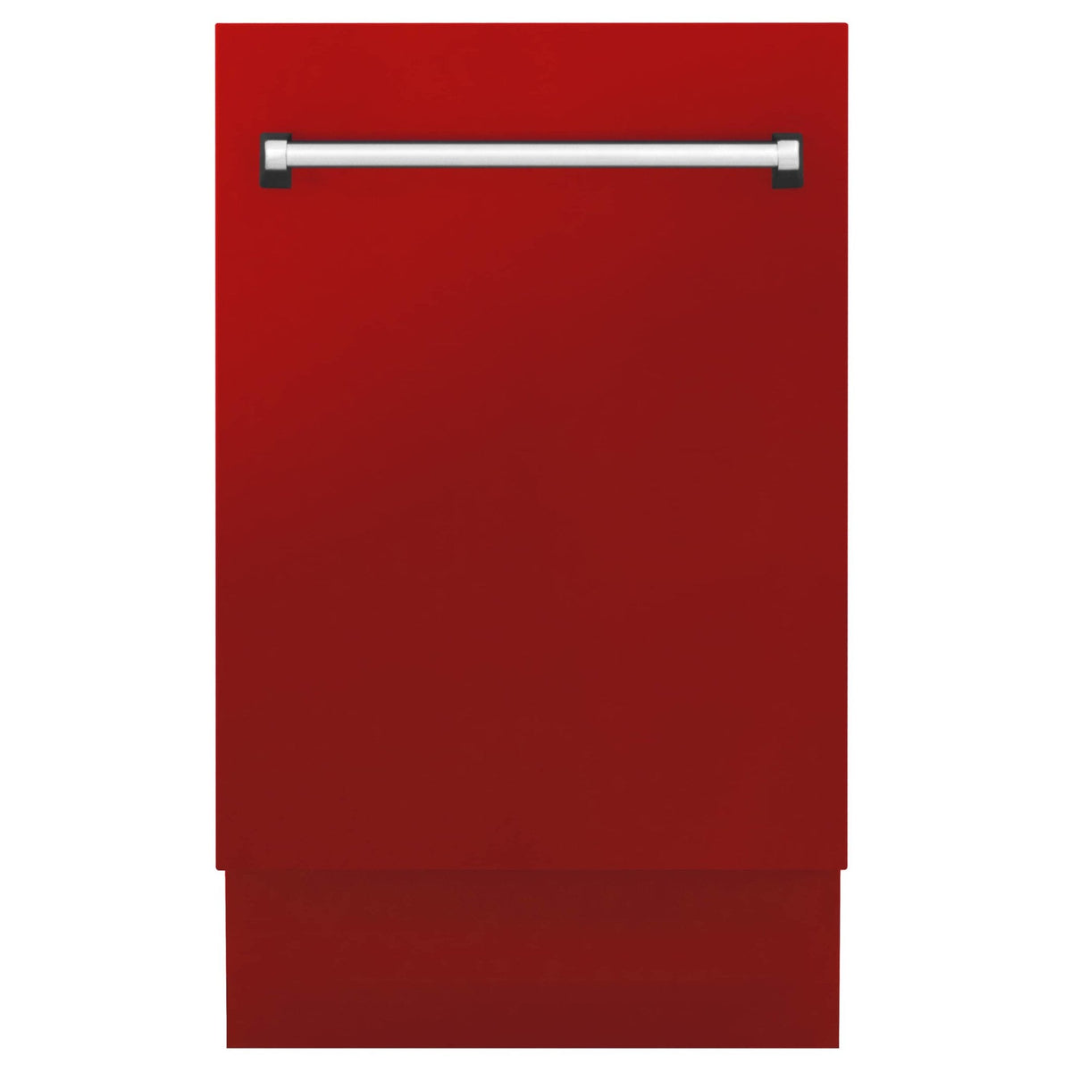 Red matte dishwasher front panel with stainless steel pull handle