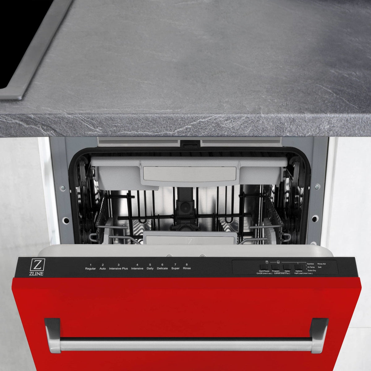 Dishwasher door open, showing control panel and upper rack inside
