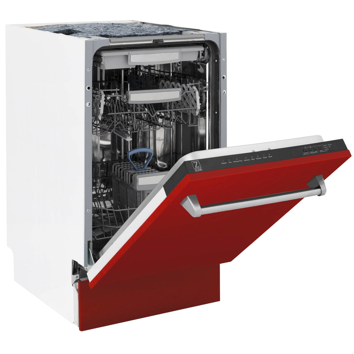 Red matte dishwasher with open door and front third rack, showing interior racks