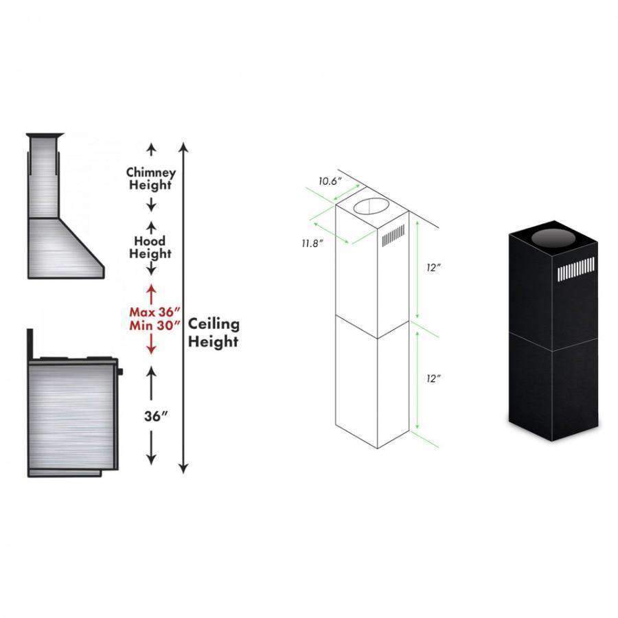Black stainless steel short chimney kit with rectangular stacked duct, 12 in height pieces