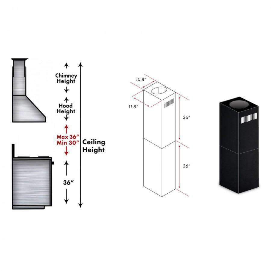 Black stainless steel chimney extension kit, two stacked square duct sections.