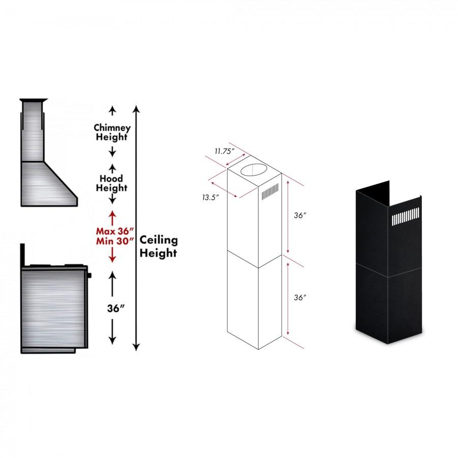 Black stainless steel chimney extension, two-piece duct with vented top and side slits