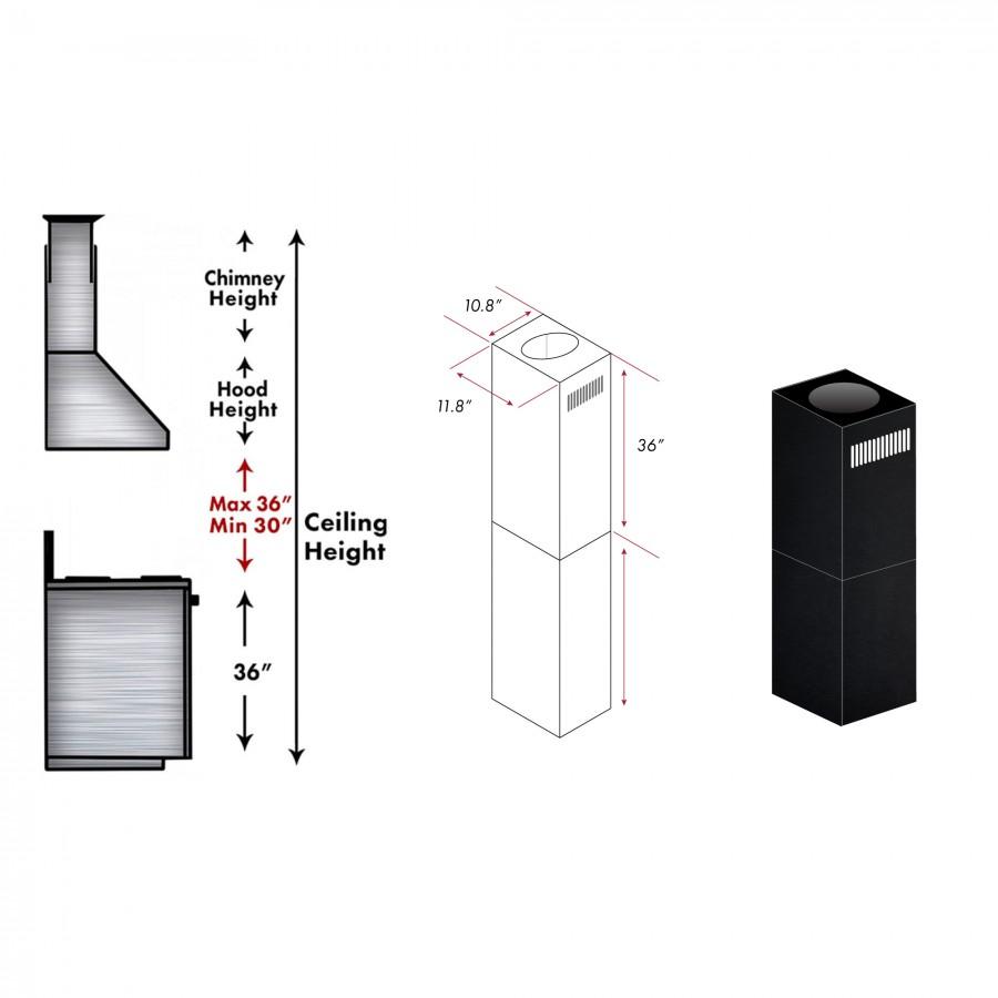 Black stainless steel 2-piece chimney extension column for range hood, rectangular stack