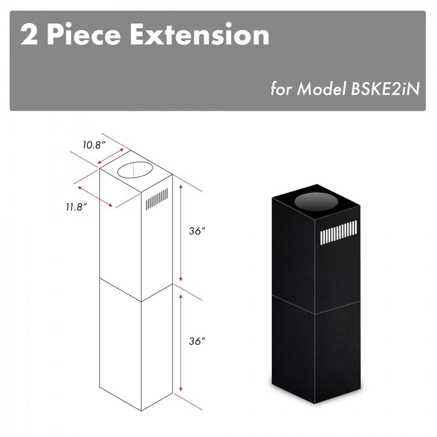 Black 2-piece chimney extension for range hood with vented side panel and round top