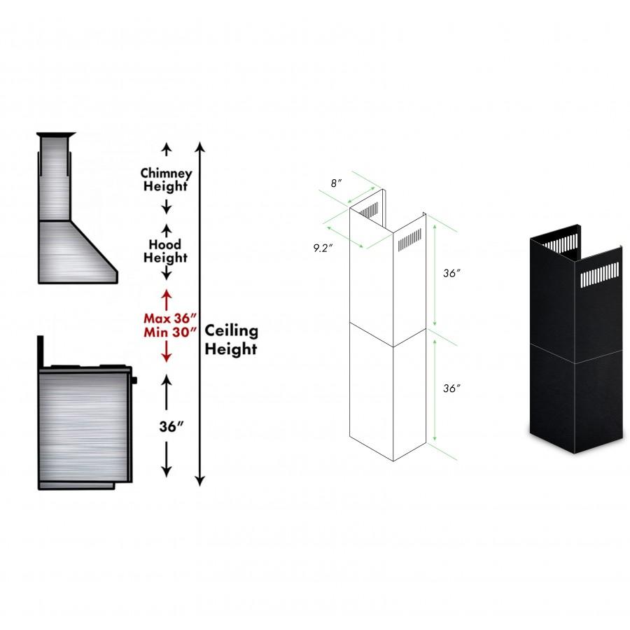 Black stainless 2-piece chimney extension with vent slots; height and max ceiling notes