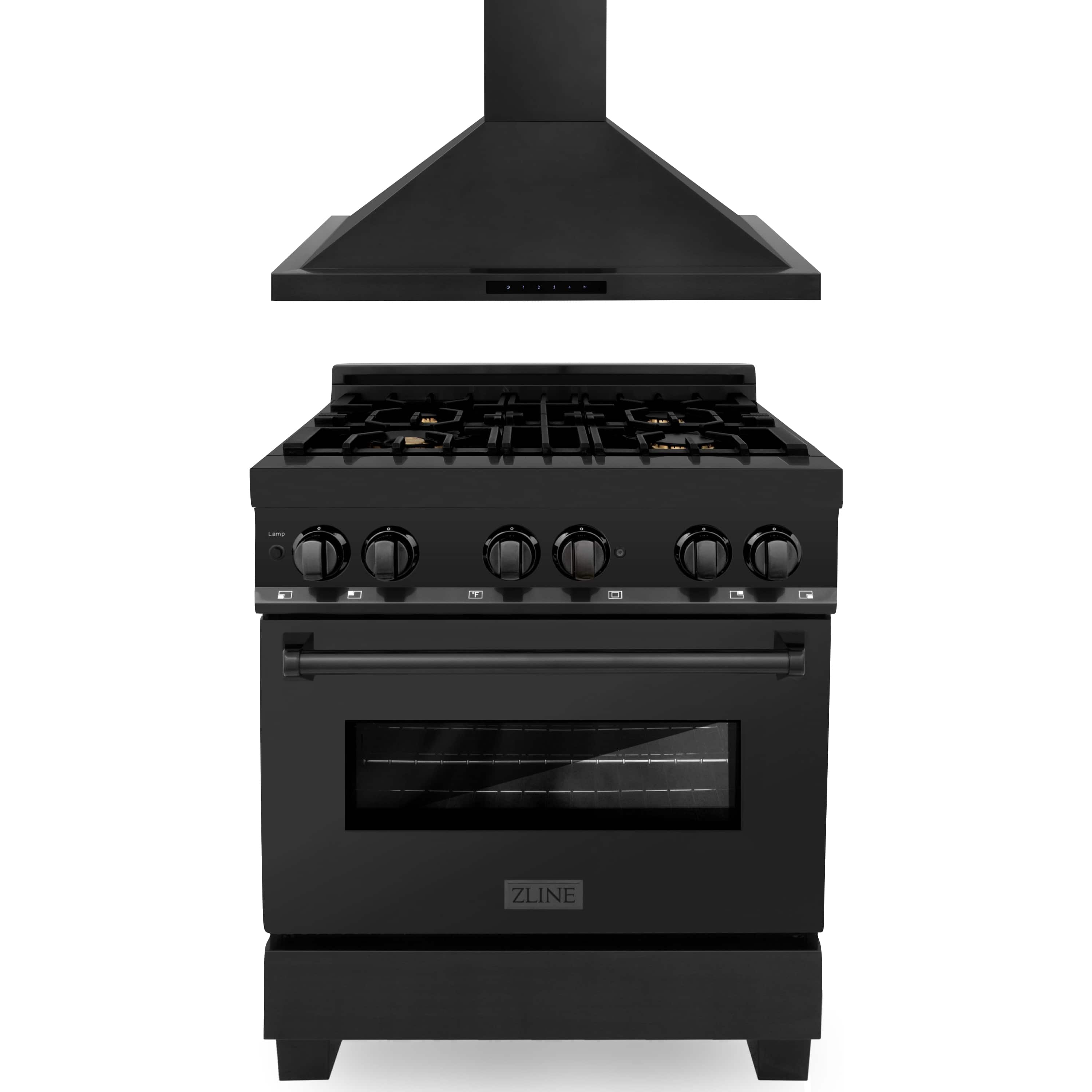 Black dual-fuel range with oven door, knobs, and brass burner grates under hood