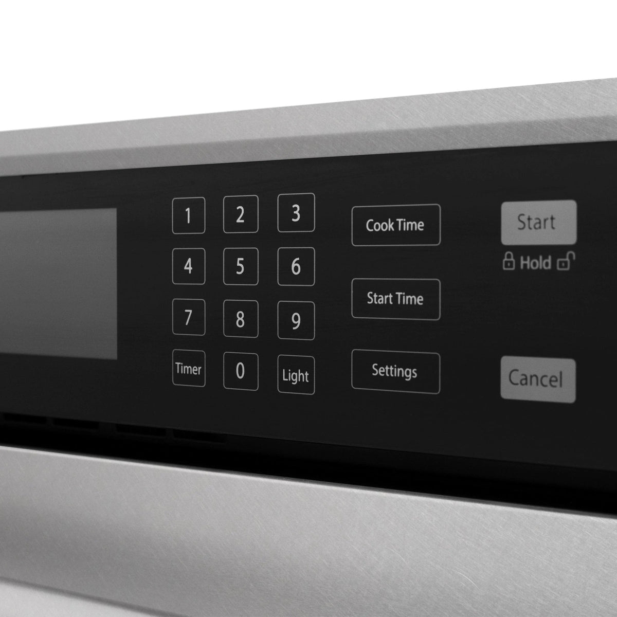 Stainless steel oven control panel with keypad and cook time buttons