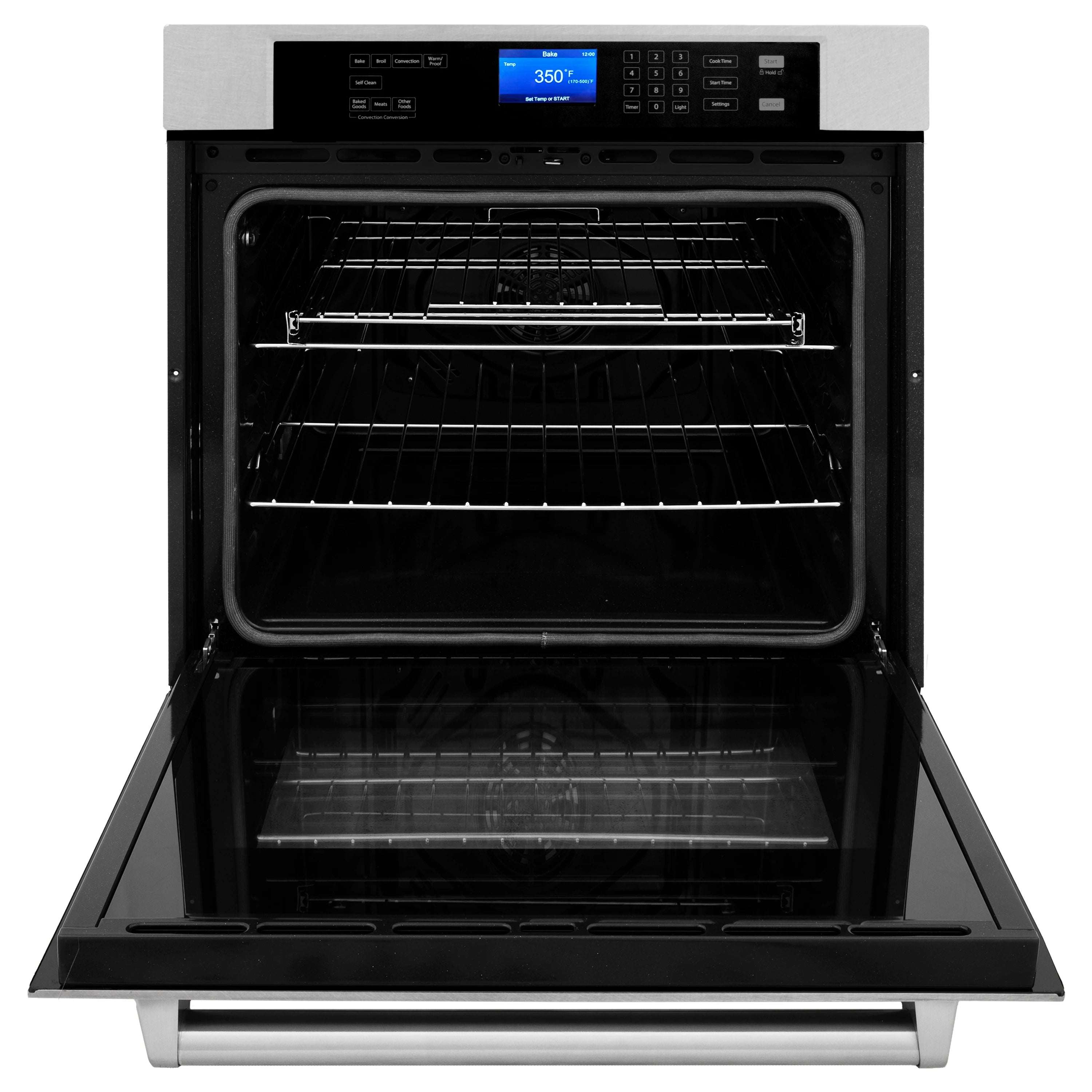 Open electric oven with wire racks and digital display showing 350°