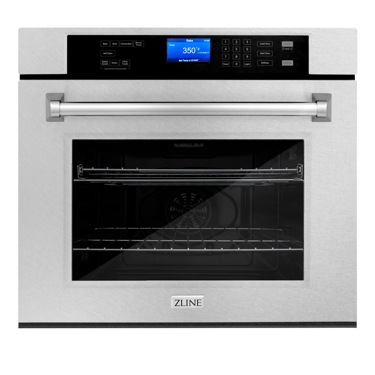 Stainless steel electric oven with open door showing racks through interior glass