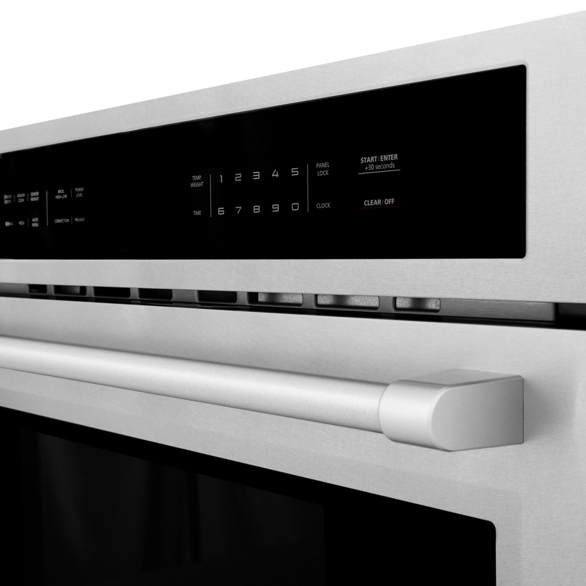 Stainless electric wall oven control panel with digital display and touch buttons