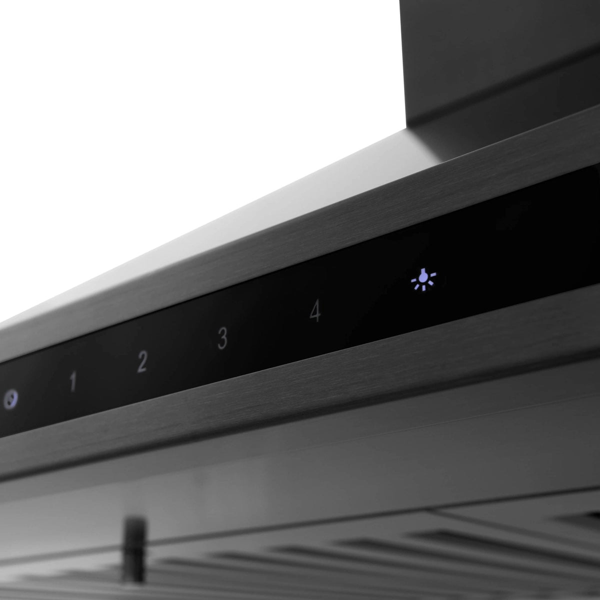 Black stainless steel range hood control panel with LED light indicators and fan settings